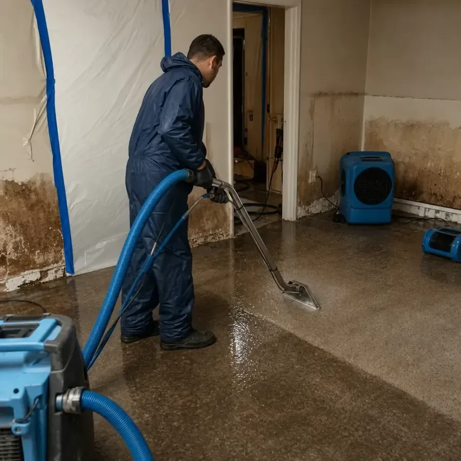 A restoration technician extracting water from the floor of a water damaged home